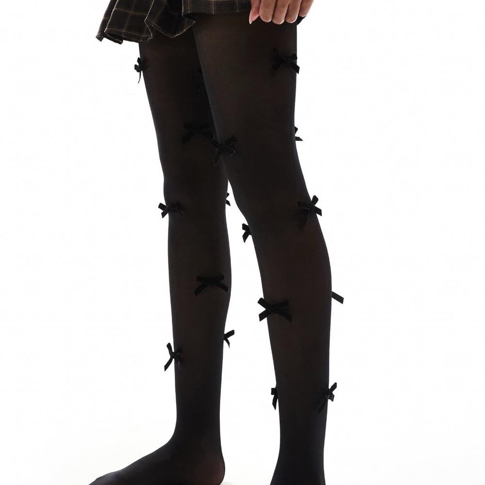 NWT ASOS Petit Moments Black Dark Velvet Bow Ribbon Polyester One Size Tights